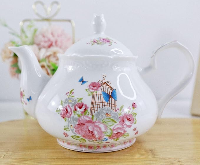 YBK Tech Strengthen Porcelain Coffee Pot Ceramic Teapot- Pink Rose (Teapot)