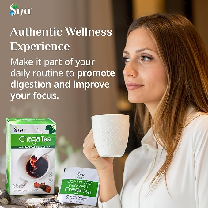 Sayan Siberian Chaga Mushroom Tea 1.05 Oz / 30g – 20 Unbleached Bags, Wild Harvested Organic Antioxidant No Caffeine. Raw and Extract Blend. Immune, Digestion Support. Detox, Focus Energy Boost