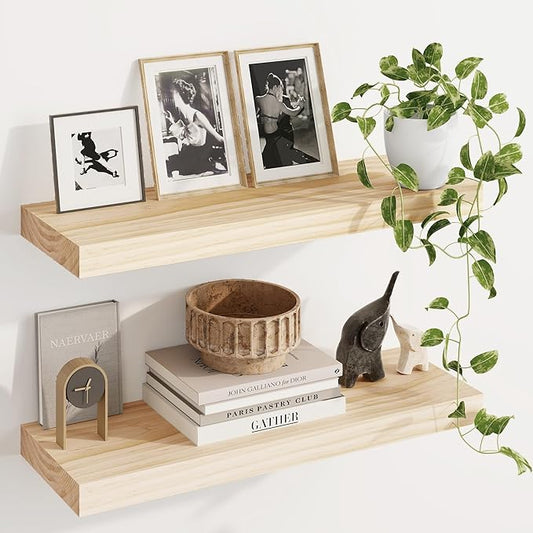 Fun Memories Wood Floating Shelves Set of 2, Rustic Pine Wood Floating Shelves for Wall Mounting, Wide Wall Shelf for Home Decor and Storage, 24" W x 7" D, Natural Unfinished, DIY Stain