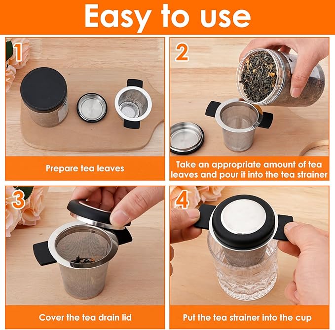 4 Pcs Tea Strainers for Loose Tea Stainless Steel Tea Steeper Large Capacity Tea Infuser Fine Mesh Tea Diffuser with Silicone Lid and Heat Proof Double Handles for Teapots Cups Mugs