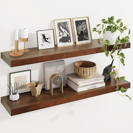 Fun Memories Wood Floating Shelves Set of 2, Rustic Pine Wood Floating Shelves for Wall Mounting, Wide Wall Shelf for Home Decor and Storage, 36" W x 7" D, Walnut