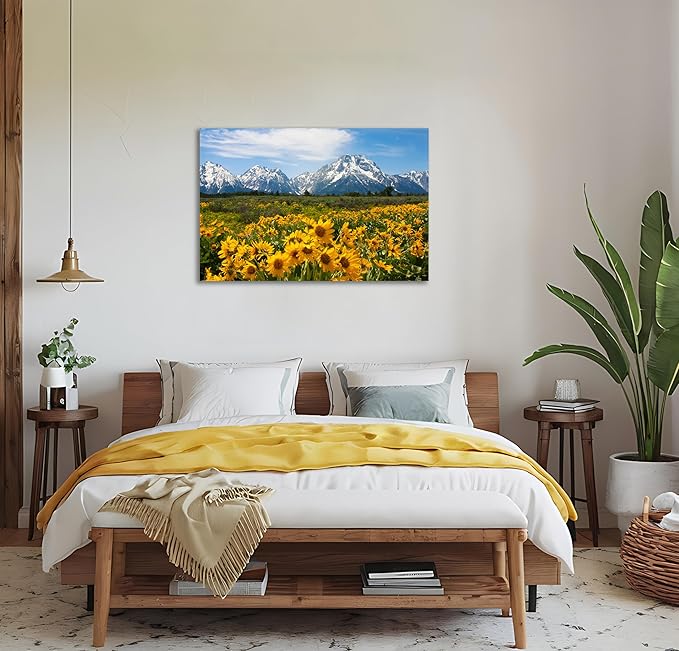 SKASNFAI Mountain Office Picture Wall Decor Sunflower Landscape Living Room Wall Art, Grand Teton Posters Print Artwork for Walls (16L x 24W)