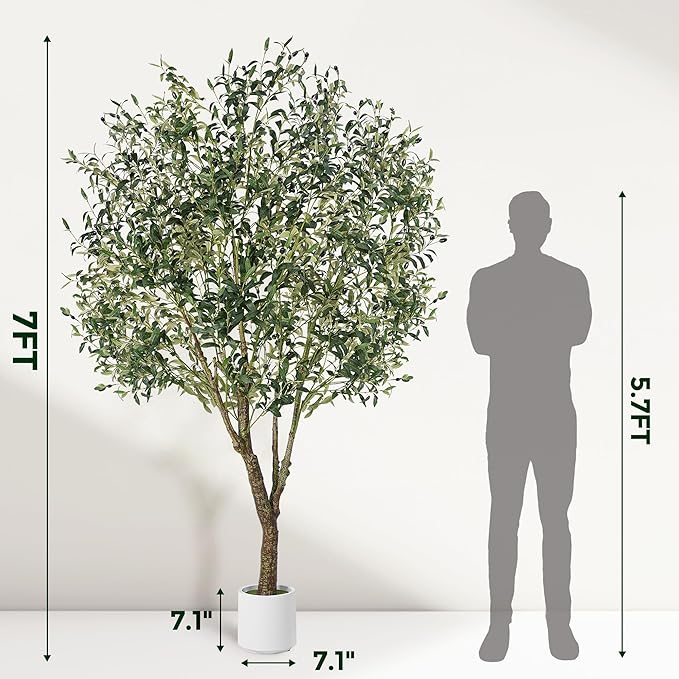 Olive Trees Artificial Indoor, 7ft Realistic Artificial Olive Tree with Natural Wood Trunk Lifelike Fruits Pre Assembled No Maintenance, Sturdy White Planter for Home Office Decor Perfect
