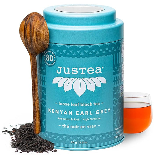 JusTea KENYAN EARL GREY | Loose Leaf Black Tea | Tin with Hand Carved Tea Spoon | 40+ Cups (3.2oz) | High Caffeine | Award-Winning | Fair Trade | Non-GMO