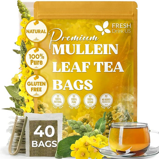 FreshDrinkUS, Premium 40 Mullein Leaf Tea For Lungs, Great Lung Detox For Smokers, Handmade, 100% Natural & Pure, No Sugar, No Caffeine, No Gluten, Vegan