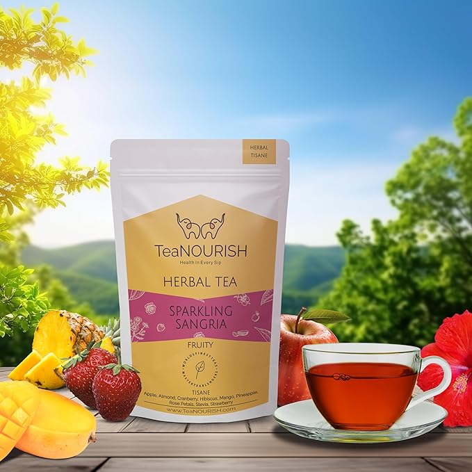 TeaNOURISH Sparkling Sangria | CAFFEINE-FREE Herbal Tea | Refreshing and Fruity | 100% Natural Apple, Strawberry, Mango, Pineapple, Hibiscus - 3.53oz/100g (Pack of 2)