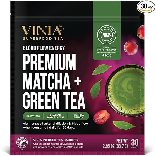 VINIA Premium Matcha + Green Tea Bags, Made with Organic Tea, Infused with Piceid Resveratrol for Heart Health, Nitric Oxide, Physical Energy, Alertness, Blood Flow, Keto, Kosher, NON-GMO. 30 Ct