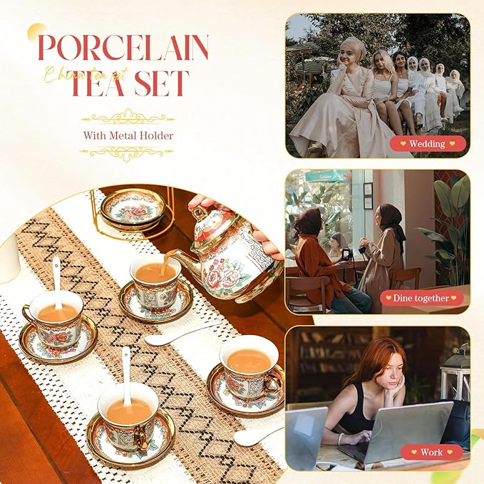 20 Pcs Porcelain Tea Set for Adults with Metal Holder and Spoon European Ceramic Tea Party Set Flower Painting Teapot Cup Gold Plated Saucer for Women, Serving 6 People(Classic)