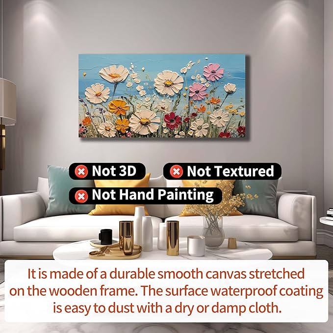 Colorful Floral Canvas Wall Art - Abstract Flower Pictures with Blue Background for Living Room Bedroom Office Wall Decor, Horizontal Printed Painting Artwork Home Decorations, Size 48x24 Inches