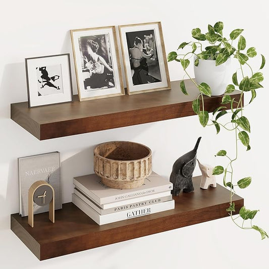 Fun Memories Wood Floating Shelves Set of 2, Rustic Pine Wood Floating Shelves for Wall Mounting, Wide Wall Shelf for Home Decor and Storage, 24" W x 7" D, Walnut