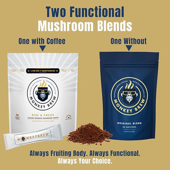 Monkey Brew Rise & Focus USDA Organic Mushroom Coffee | Boosts Focus, Energy, Immunity & Mood | 1,750mg Adaptogens: Lion’s Mane, Turkey Tail, KSM-66 Ashwagandha | Low Caffeine, Fruiting Body
