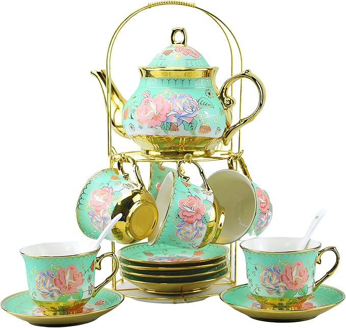 20 Pieces Porcelain Tea Set With Metal Holder, European Ceramic tea set for adults,Flower Tea Set,Tea Set For Women With Flower Painting (Large version, Green)