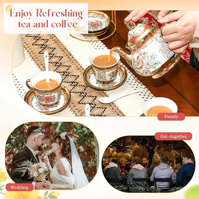 20 Pcs Porcelain Tea Set for Adults with Metal Holder and Spoon European Ceramic Tea Party Set Flower Painting Teapot Cup Gold Plated Saucer for Women, Serving 6 People(Classic)