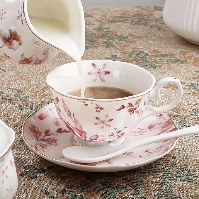 fanquare 21 Pieces British Porcelain Tea Set with Gold Trim, Pink Autumn Leaves Floral Tea Sets for Women Tea Party, 6 Teacup and Saucers for Coffee Home Wedding