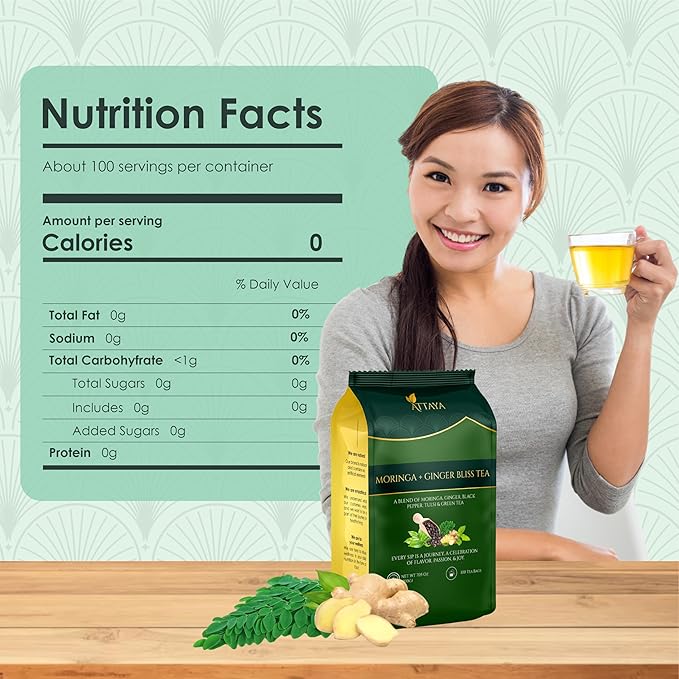 Attaya Moringa Ginger Bliss Tea – 100 Pyramid Bags | Antioxidant Superblend for Energy, Metabolism & Immunity | Moringa • Ginger • Tulsi • Black Pepper • Green Tea