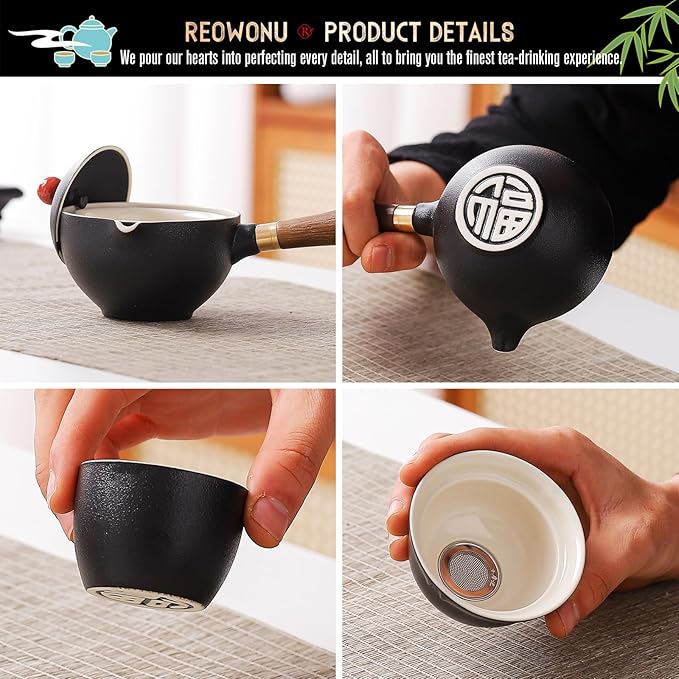 Chinese tea set Gongfu tea set, Portable Teapot Set with 360 Rotation Tea maker and Infuser,chinese kung fu tea set Japanese tea set All in One leather Bag (4cups-Black)