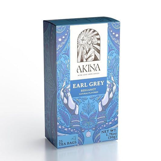 Akina Earl Grey Tea, Naturally Flavored Black Tea | 100% Single-Origin | Kenyan Origin, Gourmet (25 String & Tag Bags, 50g)