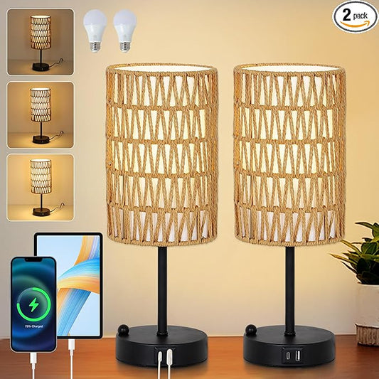 Touch Table Lamp Set of 2 For Bedroom with Bulb, Boho Small Desk Lamp For Living Room With Rattan & Linen Shade, 3 Way Dimmable Bedside Table Lamp For Nightstand With USB Charging Port & Phone Stand