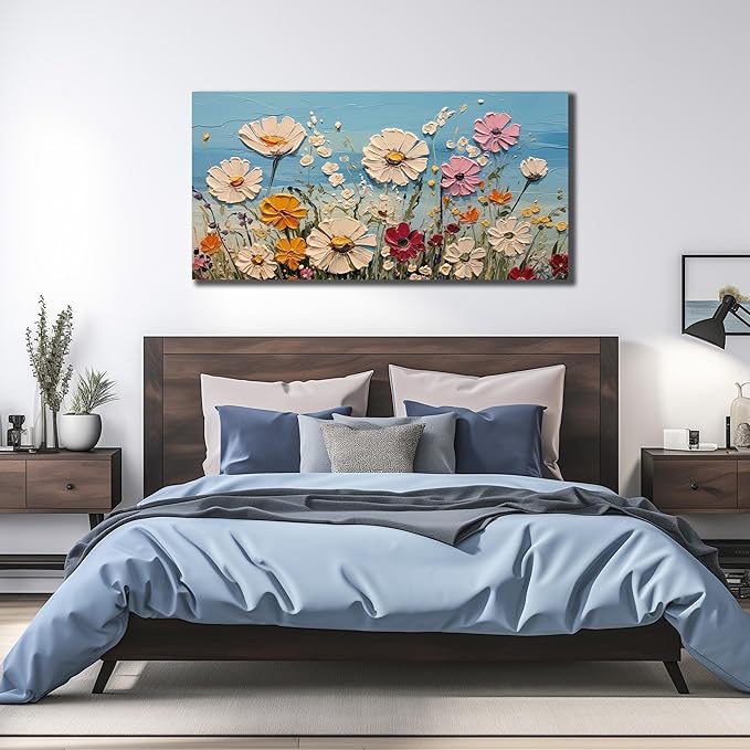 Colorful Floral Canvas Wall Art - Abstract Flower Pictures with Blue Background for Living Room Bedroom Office Wall Decor, Horizontal Printed Painting Artwork Home Decorations, Size 48x24 Inches