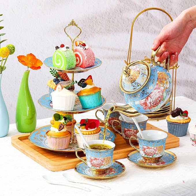 Maxcheck 21 Pcs Tea Party Set for Adults European Floral Tea Set with Metal Holder and 3 Tier Ceramic Cake Stand Porcelain Flower Cup Teapot for Dessert Cupcake(Advanced Style)