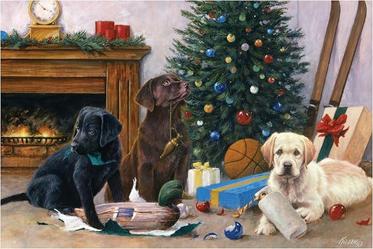 Rivers Edge Products LED Canvas Wall Art, 24 by 16 Inches, Fiber Optic Light Up Wall Decor, Battery Operated Lighted Animal Canvas Print, LED Light Kitchen, Bedroom, or Home Decor, Christmas Pups