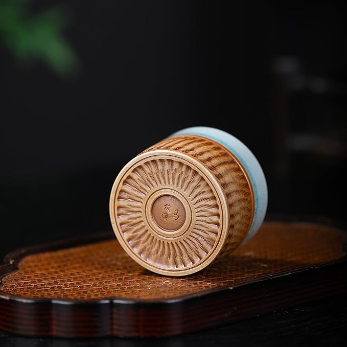 Ru Kiln Tea Cup - Handcrafted Chinese Japanese Ceramic Kungfu Tea Cup with Ice Crystal Crackle Glaze, Double Layer Insulated, Light Blue Interior & Textured Exterior for Tea/Coffee Lovers