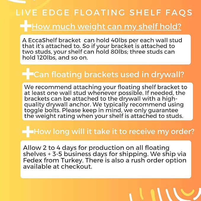 EccaShelf Rustic Live Edge Floating Shelves for Wall, Solid Wood Floating Shelf for Room, Natural Wood Wall Shelves for Bathroom, Floating Real Walnut Wood Shelf (37'' x 10'')