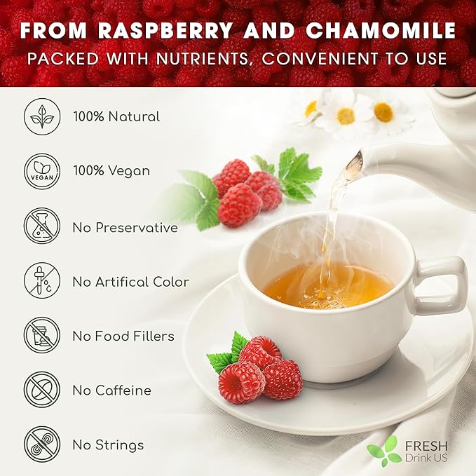 FreshDrinkUS, Premium Raspberry Leaf Tea with Chamomile – 135 Tea Bags | Naturally Caffeine-Free Herbal Blend | Soothing Floral Flavor | Premium Loose Herbal Tea in Natural Material Tea Bags