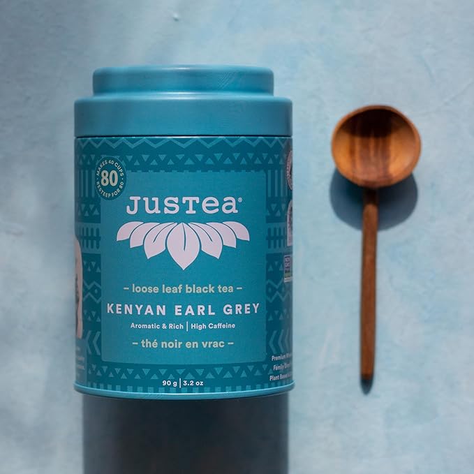 JusTea KENYAN EARL GREY | Loose Leaf Black Tea | Tin with Hand Carved Tea Spoon | 40+ Cups (3.2oz) | High Caffeine | Award-Winning | Fair Trade | Non-GMO