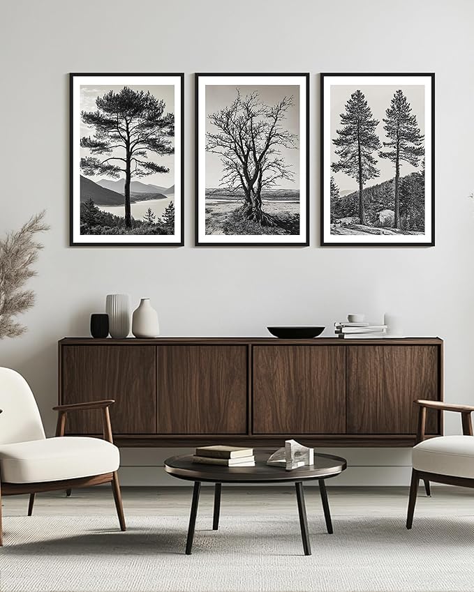 KUVIOKE Vintage Tree Framed Canvas Wall Art Black and White Retro Antique Forest Drawings Nature Wilderness Sketch Wall Painting Modern Decor 24x36in (Black Framed)