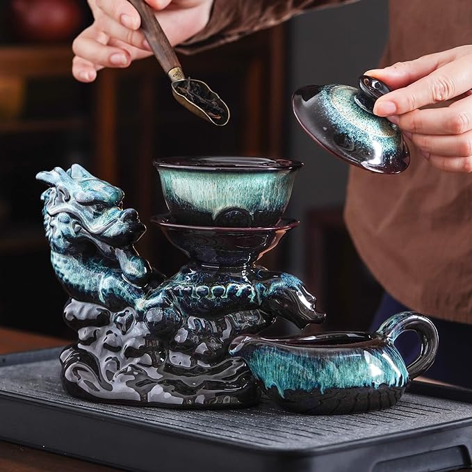 Ceramic Teapot with Infuser Semi Automatic Tea Set Magic Teapot with 8 cups Gradient Color (Gradient Dragon- B)