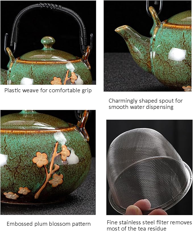 KEYDUACU Japanese Tea Set, Kiln-Formed Ceramic Tea Set, Plum Blossom Embossed, Includes 1 Teapot, 6 Teacups,Tea Tray,Strainer, Used for home, outdoor, gift, Chinese Kung Fu Tea Set(FDMH-GREEN)