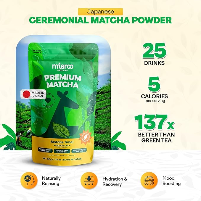 Miaroo Japanese Ceremonial Grade Matcha Green Tea Powder - Coffee Replacement for Energy, Calm Focus & No Jitters or Crash | Perfect for Lattes, Smoothies, Detox & baking, 50g Matcha (25 Servings, 70mg Caffeine)