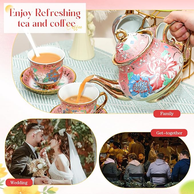 20 Pcs Porcelain Tea Set for Adults with Metal Holder and Spoon European Ceramic Tea Party Set Flower Painting Teapot Cup Gold Plated Saucer for Women, Serving 6 People(Fresh)