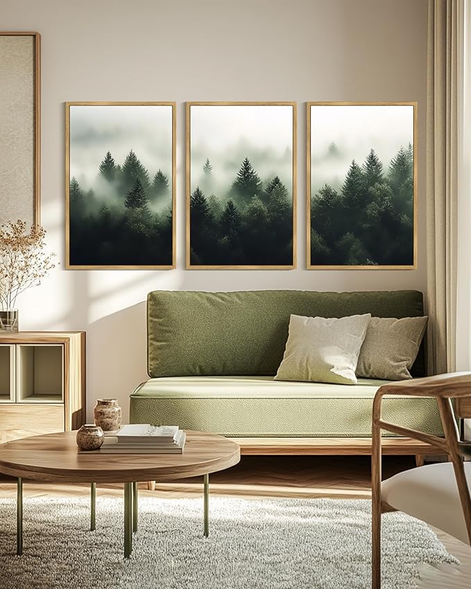 KUVIOKE Morden Green Fog Pine Tree Framed Canvas Wall Art Nature Nordic Forests Artwork Painting Bedroom Decor 24x36in (Natural Framed)