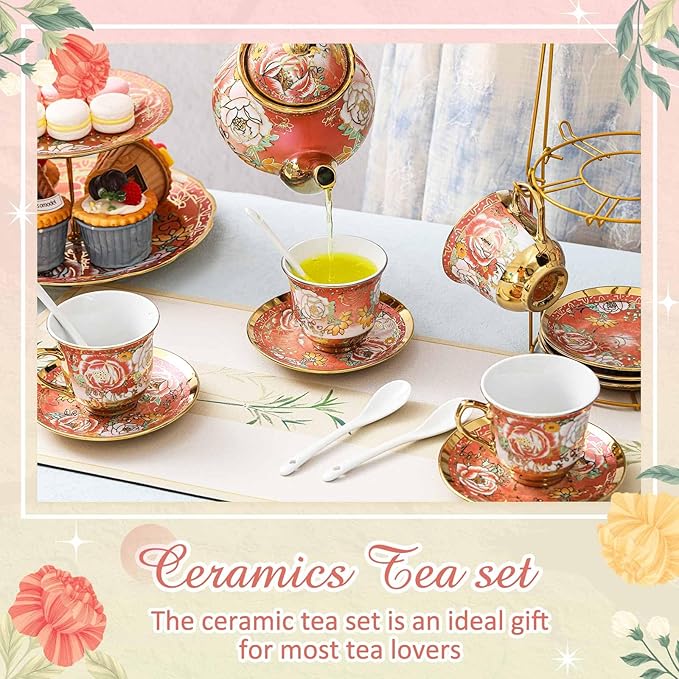 Maxcheck 21 Pcs Tea Party Set for Adults European Floral Tea Set with Metal Holder and 3 Tier Ceramic Cake Stand Porcelain Flower Cup Teapot for Dessert Cupcake(Romantic Style)