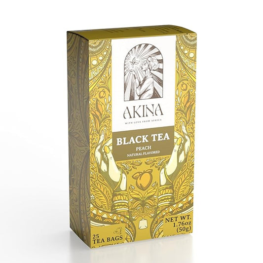 Akina Single-Origin Peach Black Tea Bags | 100% Naturally Fruit Flavored Tea Bags, Kenyan Origin, Gourmet, Hot Beverage (25 String & Tag Sachets, 50g)