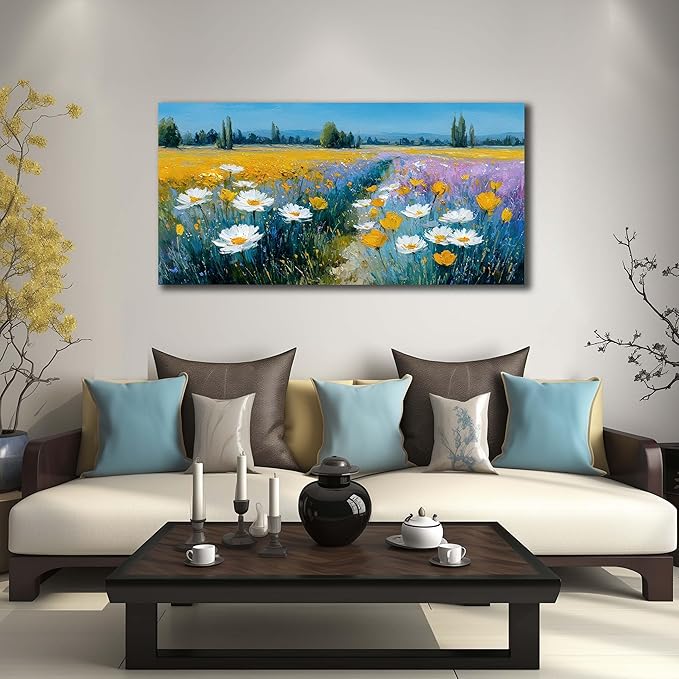 White Daisy Floral Canvas Wall Art - Abstract Yellow Wildflowers Landscape Nature Pictures with Blue Background for Living Room Bedroom Office Wall Decor, Printed Painting Artwork, Size 40x20 Inches