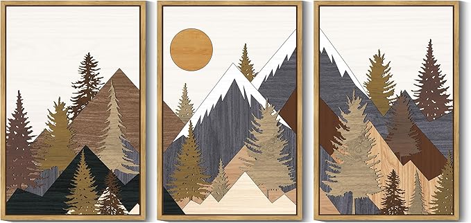 KUVIOKE Morden Boho Mountains Framed Canvas Wall Art Pine Tree Forest Nature Landscape Artwork Painting Bohemain Farmhouse Rustic Room Decor for Bedroom Living Room 24x36in (Natural Framed)