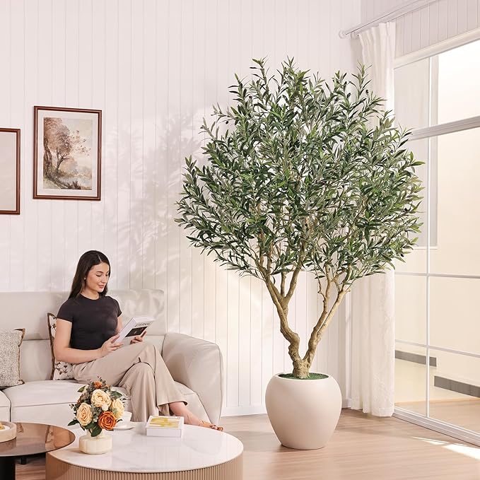 Olive Tree Artificial Indoor, 8FT Tall Faux Olive Tree with 18in White Planter, Artificial Plants with Natural Wood Trunk and Lifelike Fruits for Home Office Decor,VN205