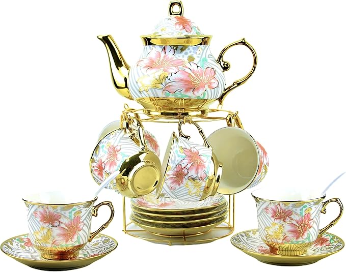 20 Pieces Porcelain Tea Set With Metal Holder, European Ceramic tea set for adults,Flower Tea Set,Tea Set For Women With Flower Painting (Large version, White)