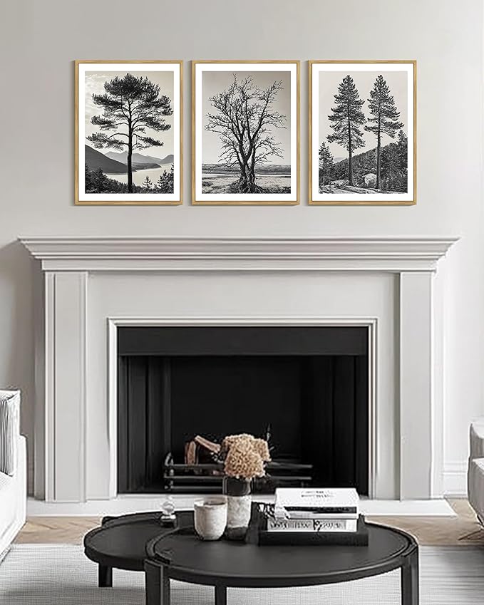 KUVIOKE Vintage Tree Framed Canvas Wall Art Black and White Retro Antique Forest Drawings Nature Wilderness Sketch Wall Painting Modern Decor 12x16in (Natural Framed)