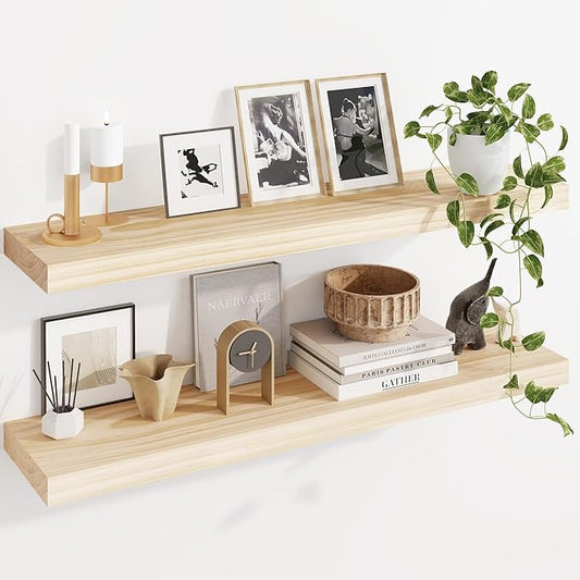 Fun Memories Wood Floating Shelves Set of 2, Rustic Pine Wood Floating Shelves for Wall Mounting, Wide Wall Shelf for Home Decor and Storage, 36" W x 7" D, Natural Unfinished, DIY Stain