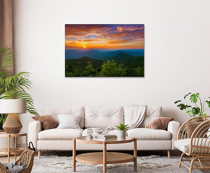 SKASNFAI Smoky Mountain Wall Art Framed Nature Forest Posters Canvas Print Office Picture Wall Decor Blue Ridge Mountain Artwork Painting for Bedroom (24L x 36W)