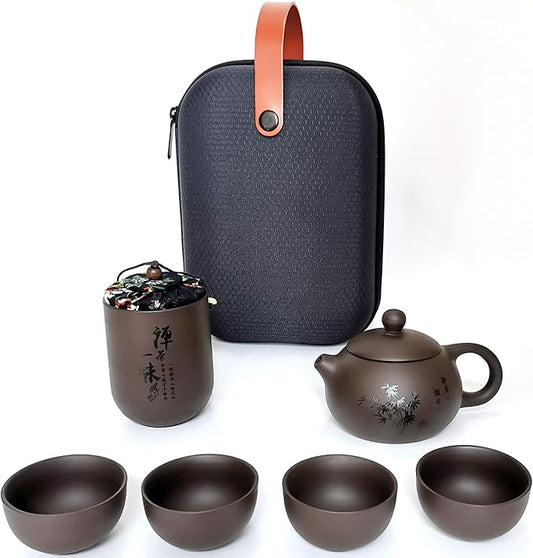 Chinese Tea Set – Handmade Portable Purple Clay Tea Set,Gongfu Tea Set,Kung Fu Tea Set, Tea pot Set Porcelain Teapot & Teacups with Travel Bag - As Gifts