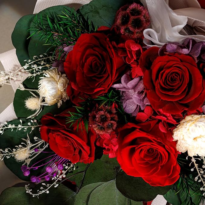 Perfectione Roses 4 Roses Mixed Bouquet for Mother's Day, Flowers for Delivery, Preserved Flowers Birthday Gift for Women Mom Wife Grandma Her, Red