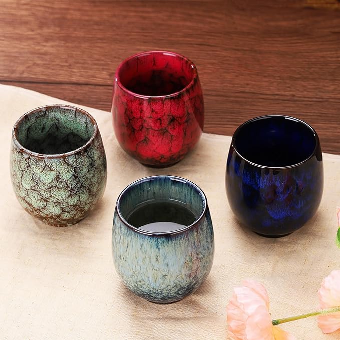 HARFINGTON 4pcs Chinese Ceramic Teacups 5.41oz Traditional Gong Fu Tea Set Japanese No Handle Small Tea Cup for Mate Tea Coffee Wine Drinks, Sapphire Blue