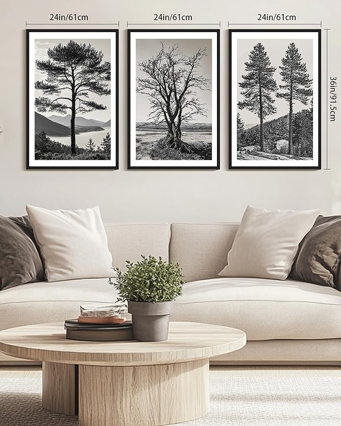 KUVIOKE Vintage Tree Framed Canvas Wall Art Black and White Retro Antique Forest Drawings Nature Wilderness Sketch Wall Painting Modern Decor 24x36in (Black Framed)
