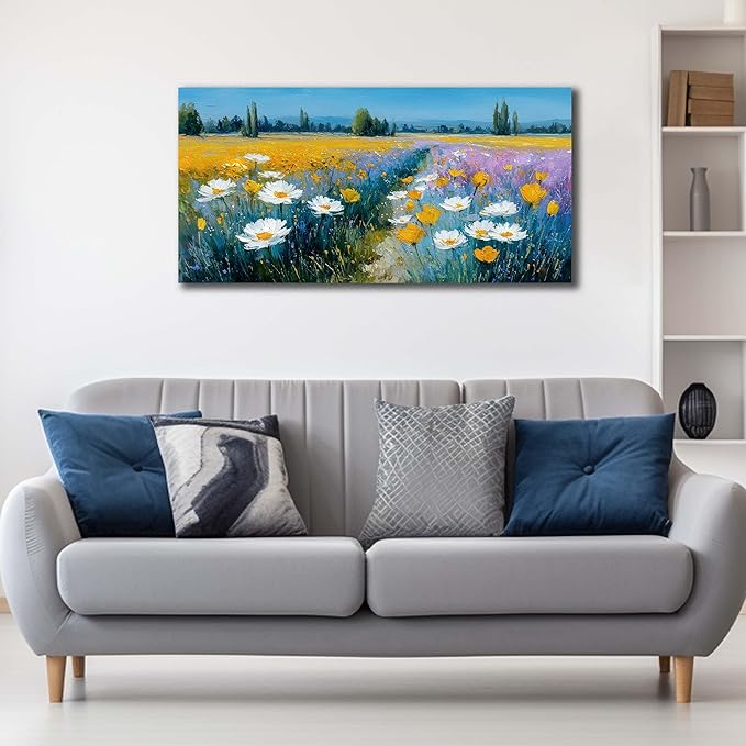 White Daisy Floral Canvas Wall Art - Abstract Yellow Wildflowers Landscape Nature Pictures with Blue Background for Living Room Bedroom Office Wall Decor, Printed Painting Artwork, Size 40x20 Inches