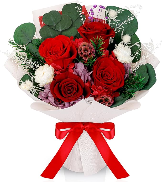 Perfectione Roses 4 Roses Mixed Bouquet for Mother's Day, Flowers for Delivery, Preserved Flowers Birthday Gift for Women Mom Wife Grandma Her, Red